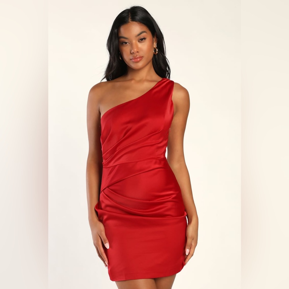 Lulus Party Ready Red Satin Ruched One-Shoulder Bodycon Dress